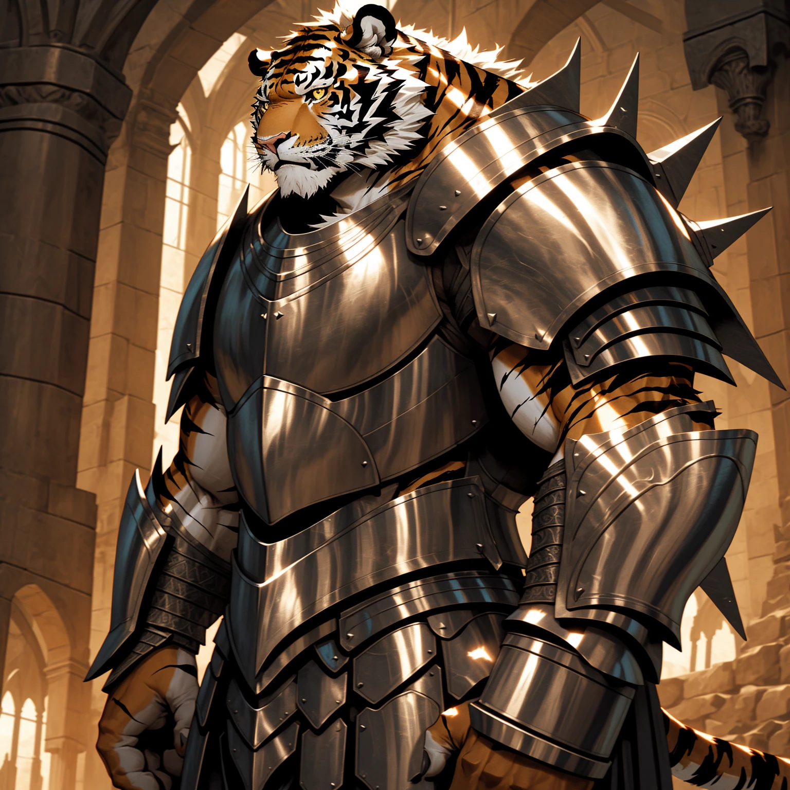 a muscular armored medieval knight, detailed armor, intricate metalwork, glowing sword, heroic pose, dramatic lighting, cinematic composition, photorealistic, high detail, 8k, masterpiece muscular tiger