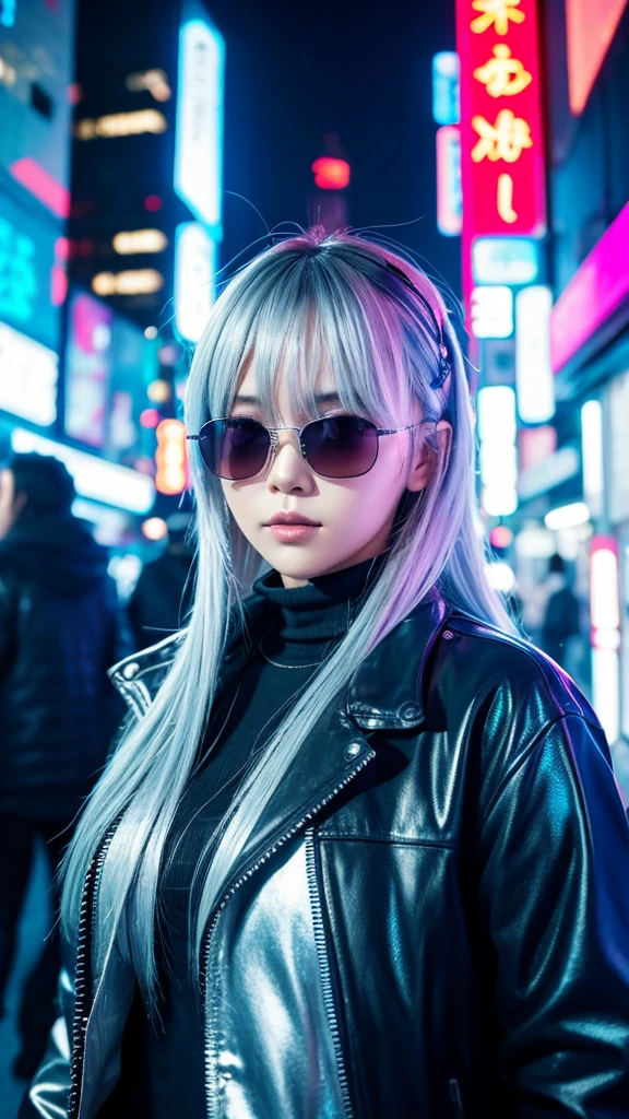 Japanese woman in futuristic cyberpunk style、Silver hair and sunglasses、Standing with the neon lights of the city shining at night as a backdrop