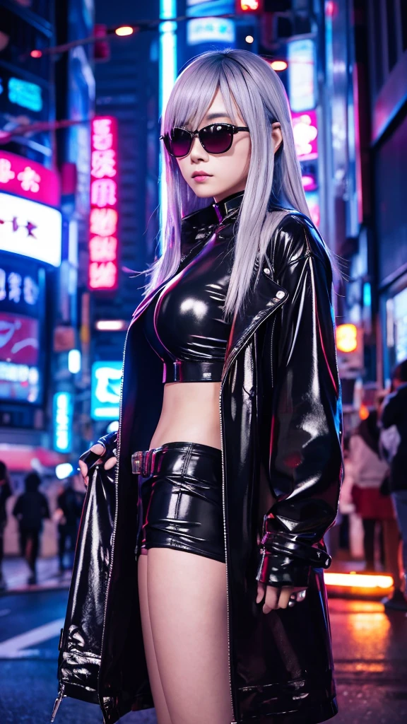 (anime:1.3), (fashion portrait:1.6), ultra detailed, beautiful, masterpiece, best quality, _ BREAK (1girl:1.2), 22 years old, 160 cm, Japanese cute model, Tightened all body, medium Breasts, small head, small face, diamond Face, small nose, Sharp Faceline, young hands and fingers, beautiful hands and fingers, five fingers, _ BREAK (Glossy Lips:1.3), (Light color lips, Half open mouth, beautiful Teeth:1.2), (dropy eyes, Double eyelid, Blue eyes:1.), _ BREAK (arranged hairstyle:1.3), (gray hair:1.3), _ BREAK (gray simple background:1.4), (blurry background, Fog, mist:1.2), _ BREAK (cowboy shot:1.7), (standing:1.6), (sexy model pose:1.6), BREAK (BLACK:1.2),
(Break the mold:1.2),
(CYBERPUNK theme:1.5), (sleek black bodysuit with LED trim),
BREAK
(OVERSIZED BLACK trench coat:1.3),
BREAK
(BLACK thigh-high boots with silver accents:1.3), (silver metallic details:1.2),
BREAK
(OVERSIZED:1.2), (7/8 sleeve:1.2), (sleek BLACK turtleneck:1.3),
BREAK
(Fitted:1.2), (BLACK A-line mini-skirt:1.4), (subtle silver zipper accents:1.2),