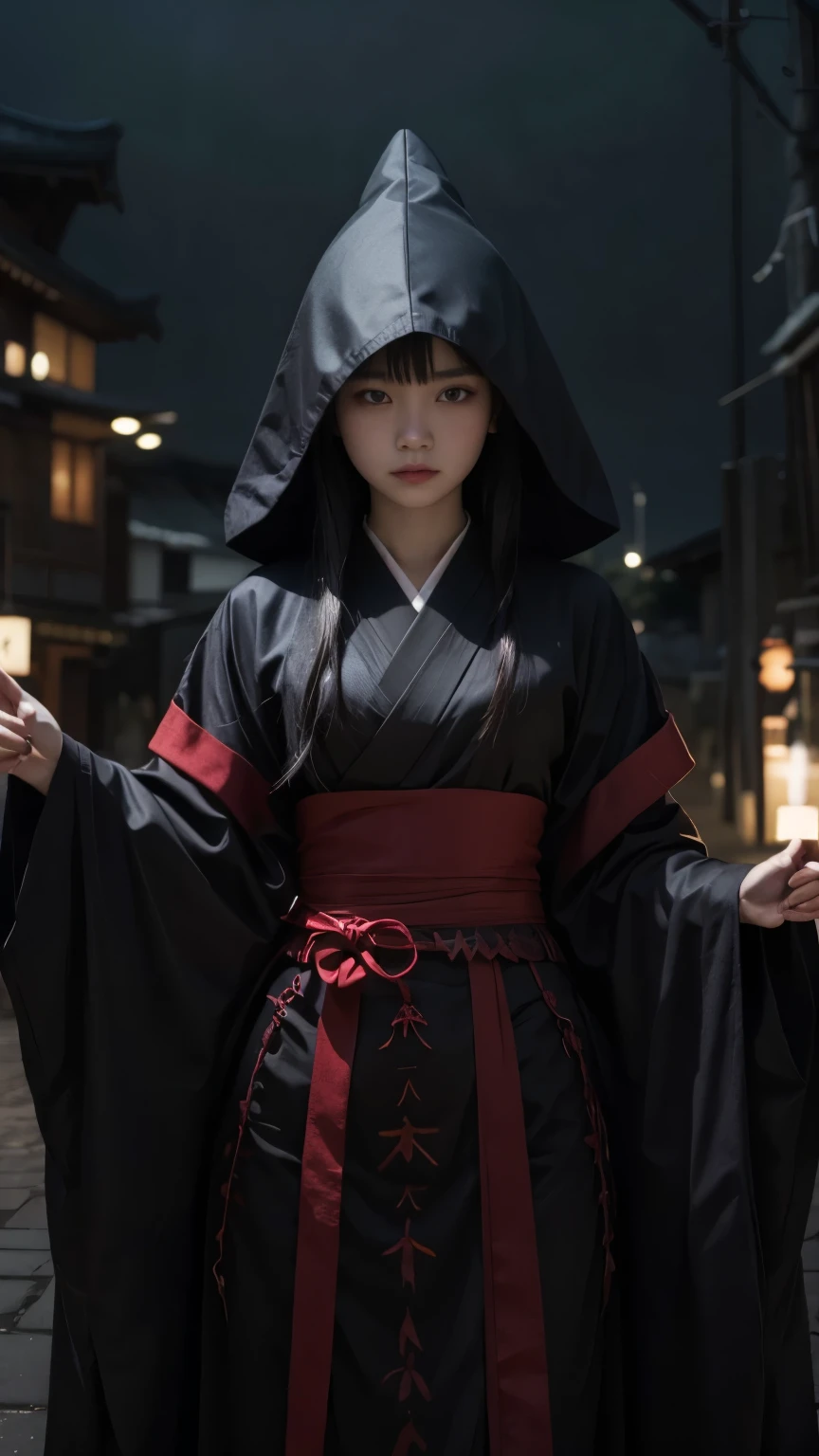 A young Japanese witch wearing a pointy witch hat and sporting a black and red gothic dress mixed with a kimono.realisitic, hyper realistic.