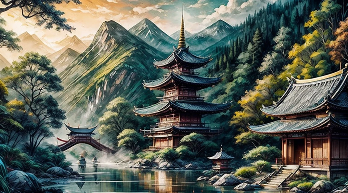 big pagoda on the center of a river with shops on the side walk asian style medieval