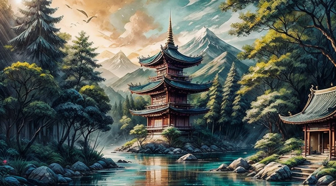 big pagoda on the center of a river with shops on the side walk asian style medieval