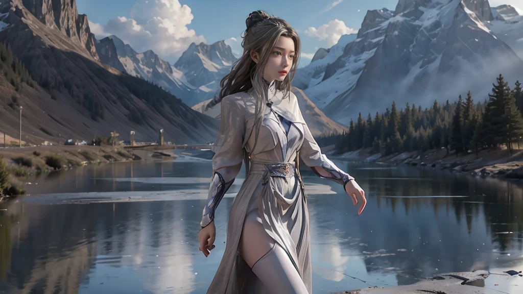 masterpiece,Game Art,Best picture quality,Maximum resolution,8k,(Upper Body),Unreal Engine 5 rendering works,(Digital Photography),(Girl dancing sword,The smile is beautiful),Short hair details,(The eyes are very delicate),(With long gray hair:1.4),(Perfect body),(Bright dress),(background:mountain peak),light,night,Ray Tracing,RAW photos,((3D Unreal Engine)),OC rendering reflection mode