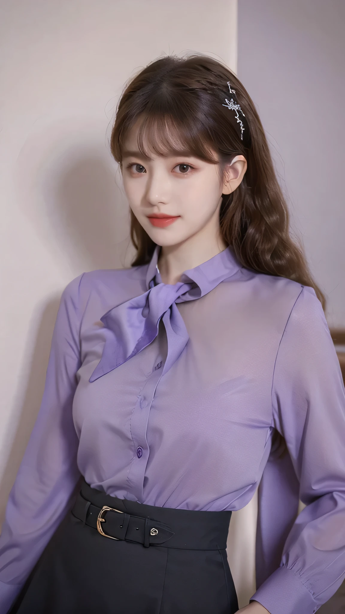detailed background, masterpiece, best quality, 1 person , curly hair, long hair, purple eyes, star in eye , lavender blouse, long skirt, lavender blouse , beautiful bow, detailed bow, , covered