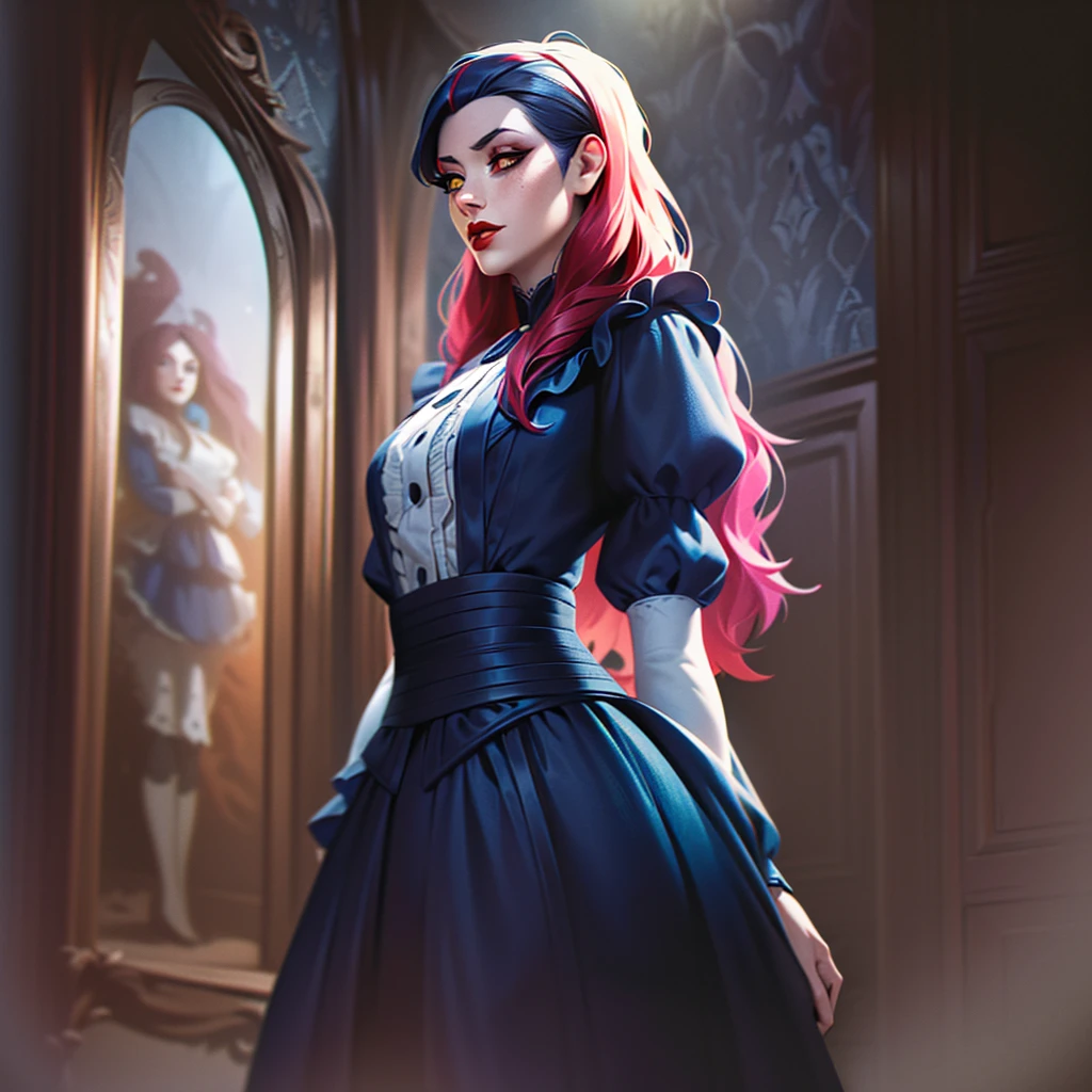 (absurderes, high resolution, ultra detaild), work of art, hinata(boruto), ((standing alone)), 1 girl,medium breasts, long purple victorian style dress, cloused mouth, (((long hair))),standing, the bodice and skirt pattern, skirt with ruffles, lace, blink blink effect, (((detailed lips))), Garden, pink and yellow flowers, ((realisic skin)), shining skin, ((bright red lips)), purples eyes, portraite, comely, ssmile, (((Dark Blue Hair))), bust cut, Normal skin