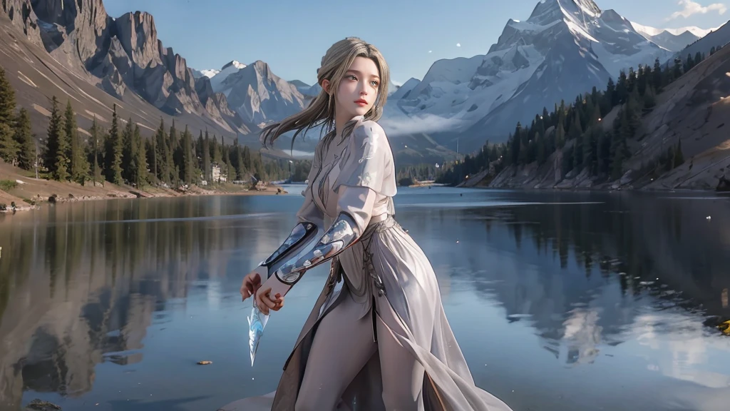 masterpiece,Game Art,Best picture quality,Maximum resolution,8k,(Upper Body),Unreal Engine 5 rendering works,(Digital Photography),(Girl dancing sword,The smile is beautiful),Short hair details,(The eyes are very delicate),(With long gray hair:1.4),(Perfect body),(Bright dress),(background:mountain peak),light,night,Ray Tracing,RAW photos,((3D Unreal Engine)),OC rendering reflection mode