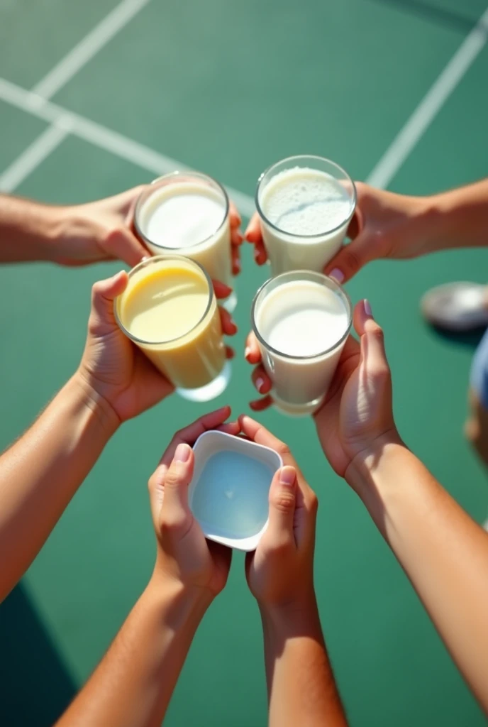 Tennis court background，Several people hold square boxes of milk and raise their glasses together，Photography
