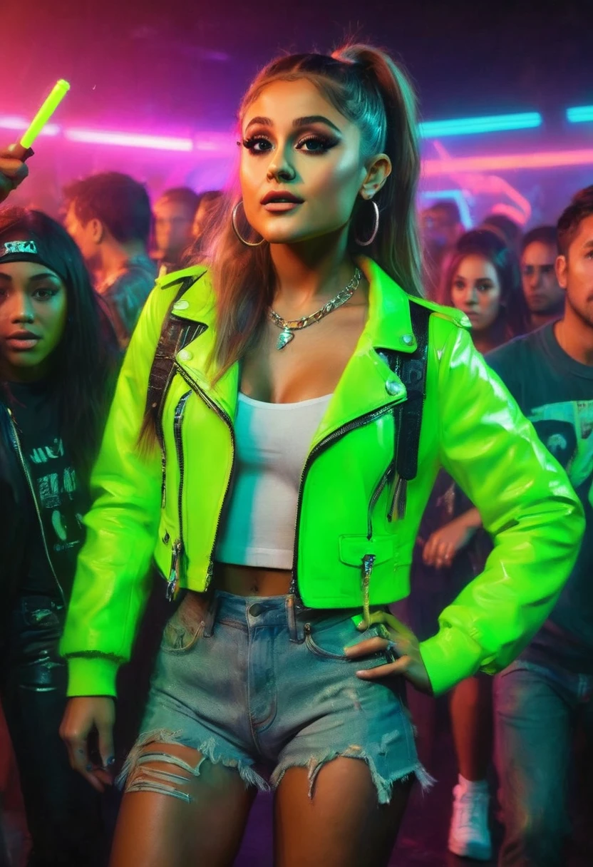 ariana grande, beautiful detailed eyes, beautiful detailed lips, extremely detailed eyes and face, long eyelashes, neon green rave outfit, Carrying green glow stick wands and wearing glowing jewelry, taking off an ankle length black leather jacket, inside a crowded neon lit rave club, friendly and flirtatious expression, photorealistic, 8k, (best quality,4k,8k,highres,masterpiece:1.2),ultra-detailed,(realistic,photorealistic,photo-realistic:1.37),HDR,UHD,studio lighting,ultra-fine painting,sharp focus,physically-based rendering,extreme detail description,professional,vivid colors,bokeh (Attention: Show her from head to toe, full body shown, show all of her)