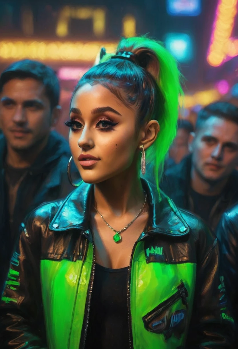 ariana grande, beautiful detailed eyes, beautiful detailed lips, extremely detailed eyes and face, long eyelashes, neon green rave outfit, Carrying green glow stick wands and wearing glowing jewelry, taking off an ankle length black leather jacket, inside a crowded neon lit rave club, friendly and flirtatious expression, photorealistic, 8k, (best quality,4k,8k,highres,masterpiece:1.2),ultra-detailed,(realistic,photorealistic,photo-realistic:1.37),HDR,UHD,studio lighting,ultra-fine painting,sharp focus,physically-based rendering,extreme detail description,professional,vivid colors,bokeh (Attention: Show her from head to toe, full body shown, show all of her)