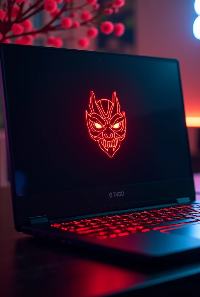 "Create a high-quality image of a sleek black gaming laptop with a striking red Japanese Oni mask logo on the back. The laptop should be slightly open, showcasing a vibrant illuminated keyboard and a clear display. The background should have an aesthetic feel, featuring soft, ambient lighting with elements inspired by Japanese culture, such as cherry blossoms or subtle waves. The overall atmosphere should be dark and moody, highlighting the intensity and power of the gaming laptop, with the red Oni mask logo standing out prominently against the black surface."