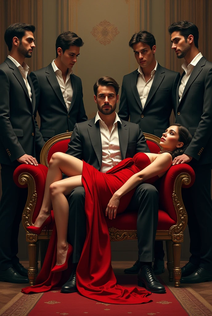 A man handsome tall white young sits on the royal bench and a girl beauty in red dress sits on the lap boy in a horizontal position, 4 other men tall handsome young, look at the girl stand around the royal bench with There is a rope around the girl neck And all men hold the end of the rope