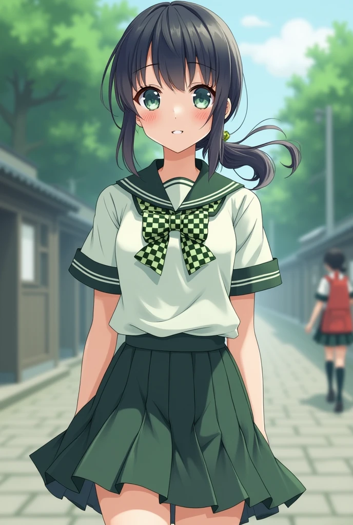 Realistic girl in the school yard of ancient Japan, Shirt with a sailor collar in pastel green and black checks and a pastel green and black check bow tie ,pastel green and black skirt, High socks,18 years, hits, a few little smiles, thighs, knees, low ponytail with a small ribbon bow, from below