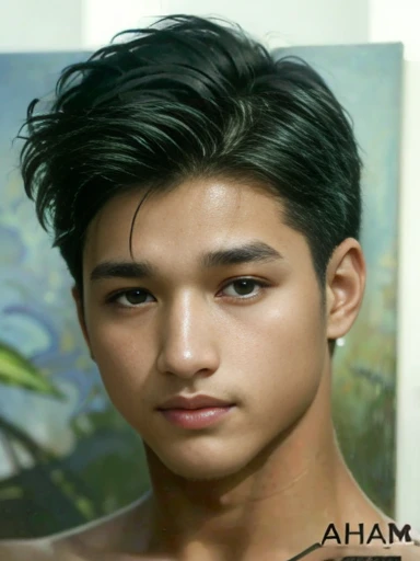 hyperrealistic digital brush painting art by (alphonse mucha:1.3), boy mix face between Iko uwais and jaden Smith as a majapahit prince, age 22, of A muscular white man, wearing harness, bodybuilder, sweaty body, white pale redish skin, clean shaven, black wide big areolas, big pointy puffy nipple, mythology, intricate detail, studio lighting, medium shot, shoulder angles, handsome, masculine, mix race between korean and Arab, closeup portrait, golden ratio face, small smile, mid back length hair, natural scene, landscape countryside, bokeh background, expert, 8k, studio portrait, soft light, rim lighting, photorealistic, cinematic lighting, masterpiece, high details, high quality, Huge nipples,