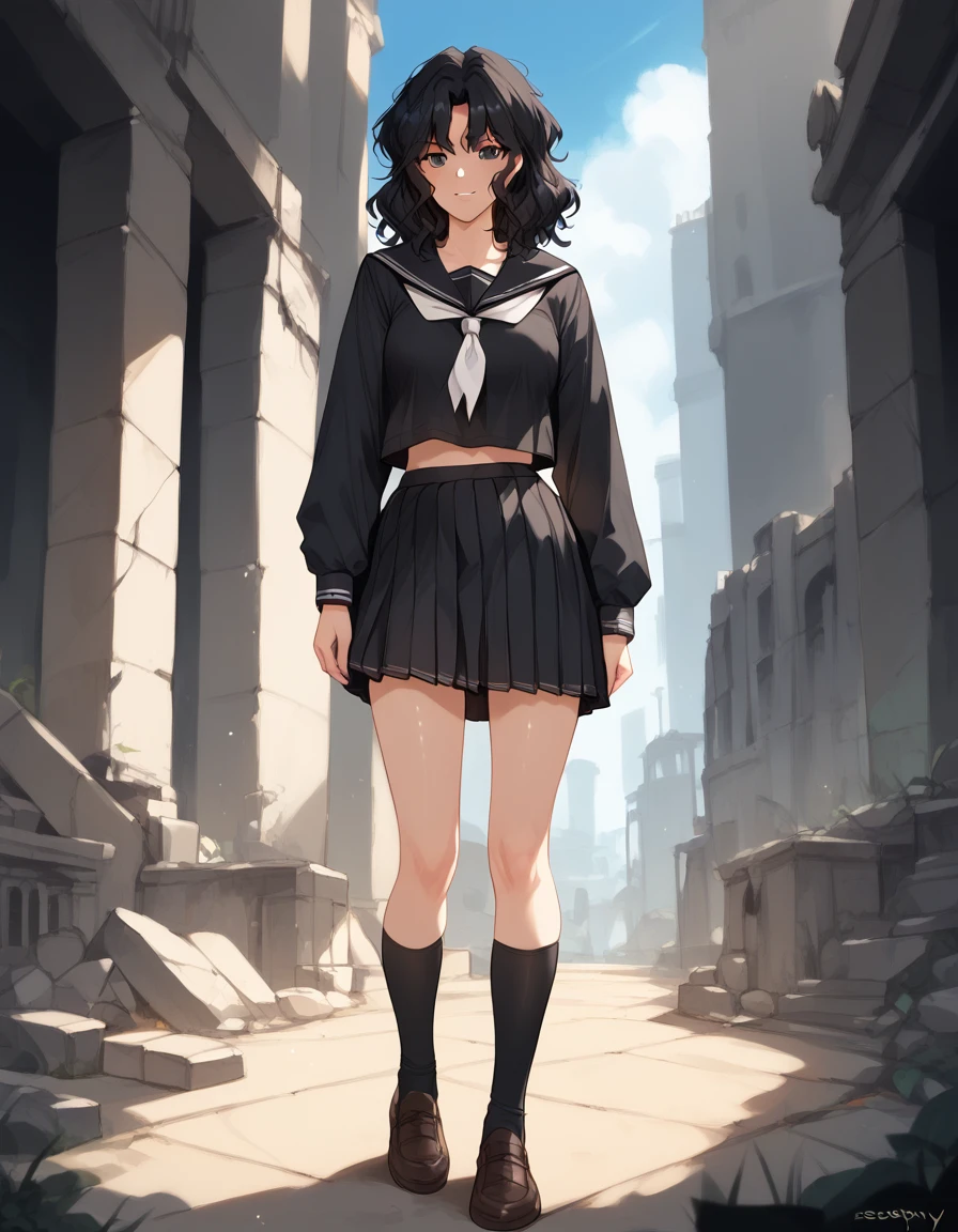 score_9, score_8_up, score_7_up, unaestheticXLv31, masterpiece, ultra-detailed, nsfw, Shiny skin, BREAK, Black serafuku, long Sleeves, tanding,, kaoru tanamachi, black eyes, black hair, messy hair, ruins
