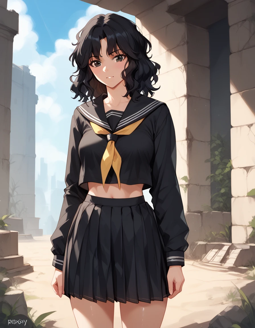 score_9, score_8_up, score_7_up, unaestheticXLv31, masterpiece, ultra-detailed, nsfw, Shiny skin, BREAK, Black serafuku, long Sleeves, tanding,, kaoru tanamachi, black eyes, black hair, messy hair, ruins
