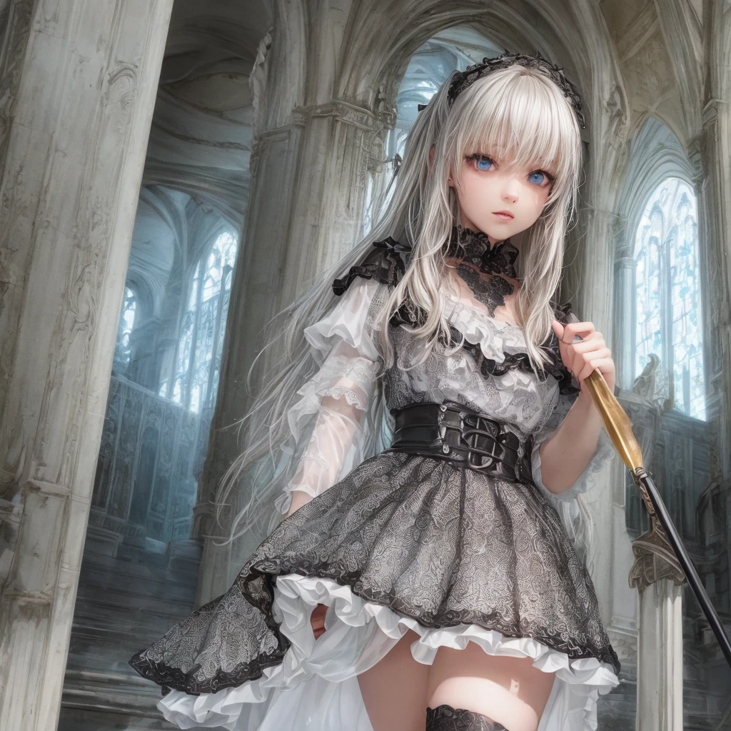 a gothic lolita girl in a majestic cathedral, beautiful detailed eyes, beautiful detailed lips, extremely detailed eyes and face, long eyelashes, elegant gothic dress with a skirt full of frills, red accent embroidery, long shining white hair, mysteriously glowing crimson eyes, queen, crystal flower, sparkling stained glass like a kaleidoscope, layered skirt with detailed embroidery, very layered ruffles, detailed texture, a geometric magic circle above her head, ornamented silver walking stick, the hidden forbidden sanctuary, cool pose, glamour, from below, (best quality, 4k, 8k, highres, masterpiece:1.2), ultra-detailed, (realistic, photorealistic, photo-realistic:1.37), HDR, UHD, studio lighting, ultra-fine painting, sharp focus, physically-based rendering, extreme detail description, professional, vivid colors, bokeh