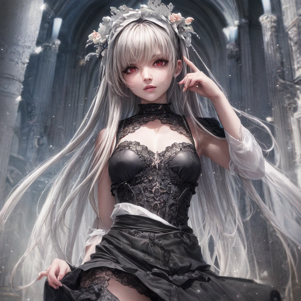 a gothic ta girl in a majestic cathedral, beautiful detailed eyes, beautiful detailed lips, extremely detailed eyes and face, long eyelashes, elegant gothic dress with a skirt full of frills, red accent embroidery, long shining white hair, mysteriously glowing crimson eyes, queen, crystal flower, sparkling stained glass like a kaleidoscope, layered skirt with detailed embroidery, very layered ruffles, detailed texture, a geometric magic circle above her head, ornamented silver walking stick, the hidden forbidden sanctuary, cool pose, glamour, from below, (best quality, 4k, 8k, highres, masterpiece:1.2), ultra-detailed, (realistic, photorealistic, photo-realistic:1.37), HDR, UHD, studio lighting, ultra-fine painting, sharp focus, physically-based rendering, extreme detail description, professional, vivid colors, bokeh