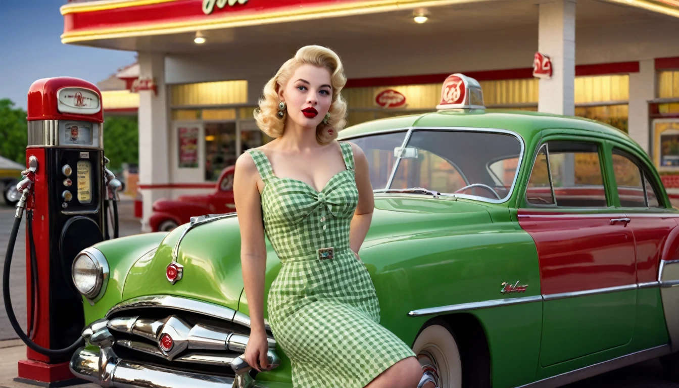 ultra-detailed, photorealistic, A beautiful young blonde woman with vintage 1950s style pinup stands confidently with a classic green car at a retro gas station. She wears a form-fitting, yellow gingham dress that accentuates her figure, complemented by red lipstick and elegant, curled blonde hair. The gas station has a nostalgic feel, with green and cream accents and a classic gas pump. The night sky above is clear, adding a serene ambiance to the scene. The overall mood is nostalgic and glamorous, capturing the essence of mid-20th-century Americana. perfect face, Ultra realistic photo, vibrant colors, 16k
