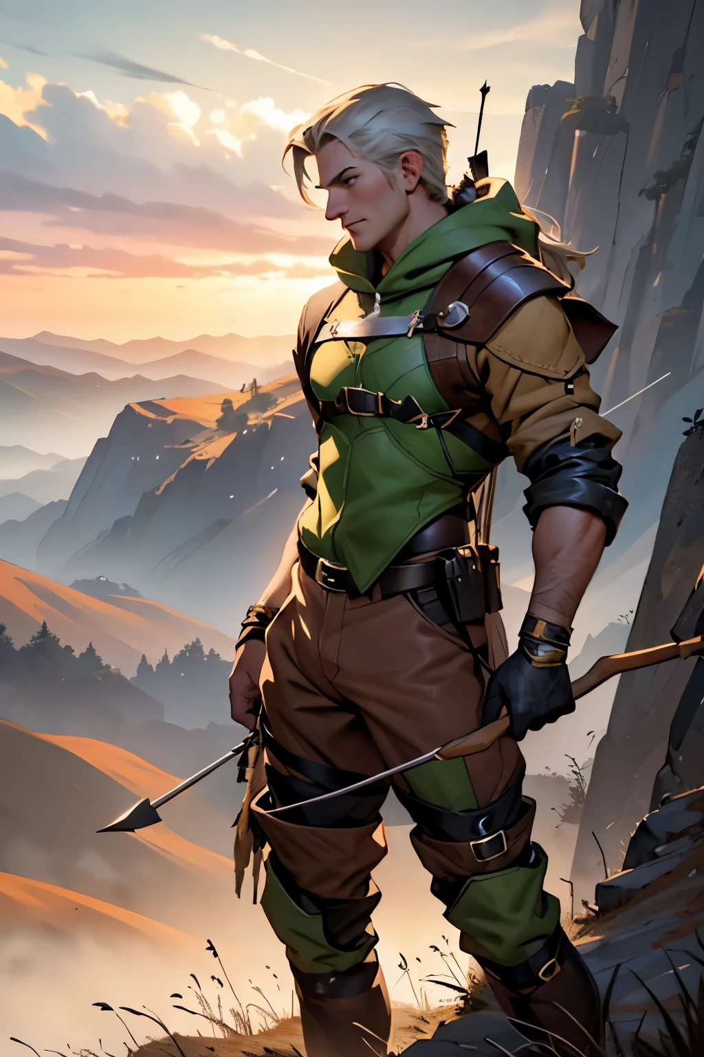 a legendary archer, heroic pose, bow in hand, looking at the horizon, stylized hunting uniform, standing on a hilltop overlooking a distant valley, cinematic lighting, dramatic atmosphere, intricate details, fantasy landscape, vibrant colors, photorealistic, 8k, best quality