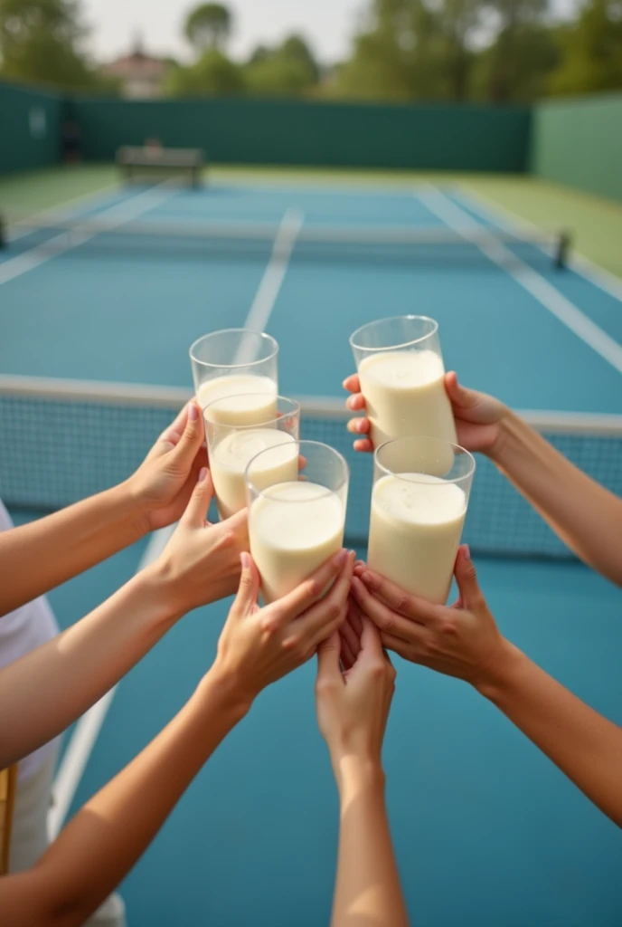 Tennis court background，Several people hold square boxes of milk and raise their glasses together，Photography