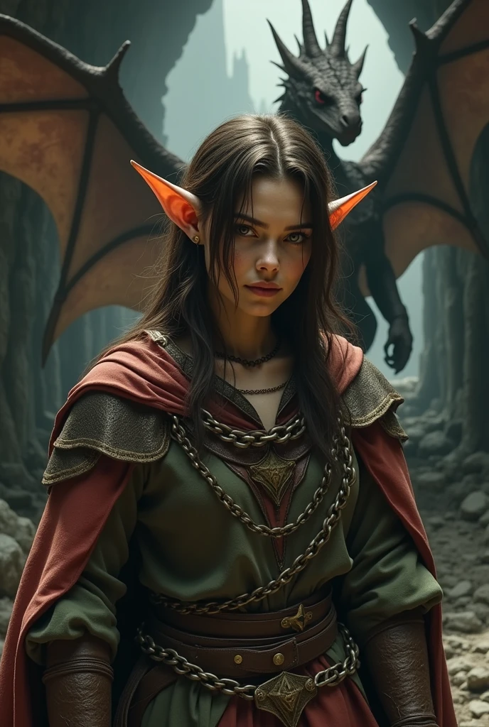 An elf chained in a dungeon, brown hair and a dragon in the background also tied with a chain around his neck. Medieval style with many details and realistic