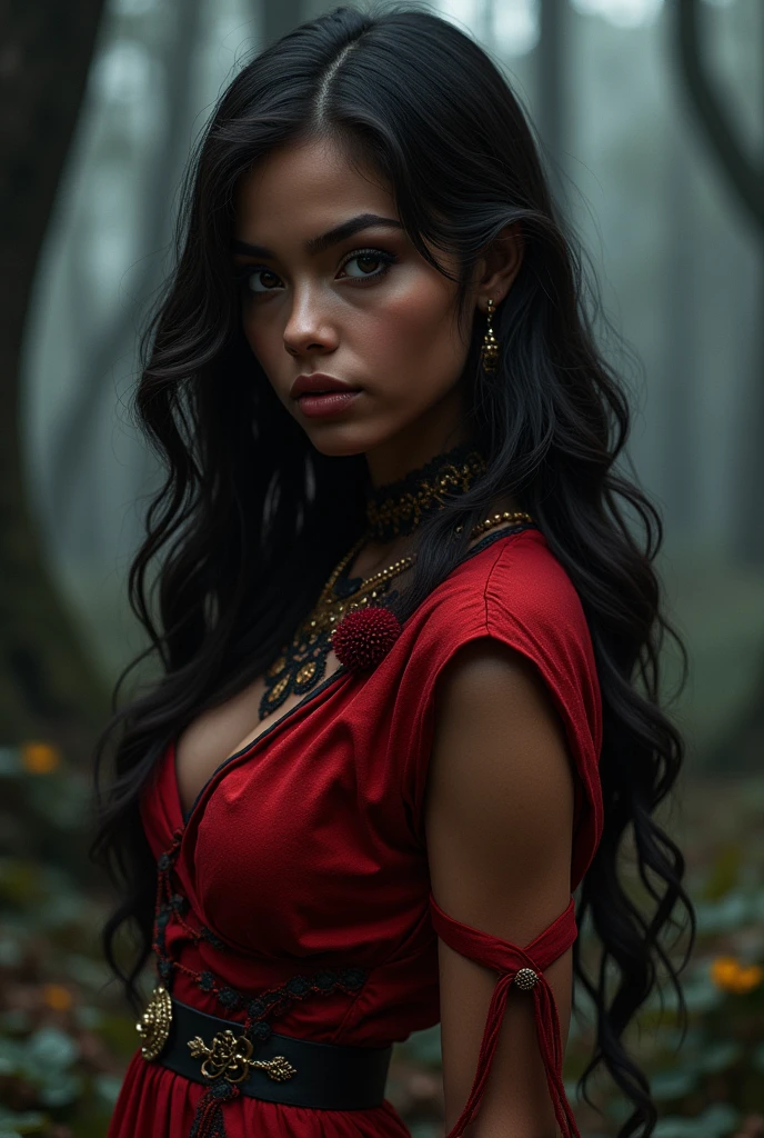 a girl from the waist up with dark skin with long wavy cherry-colored hair wearing a red outfit with black and gold details looking straight ahead with a dark enchanted forest background