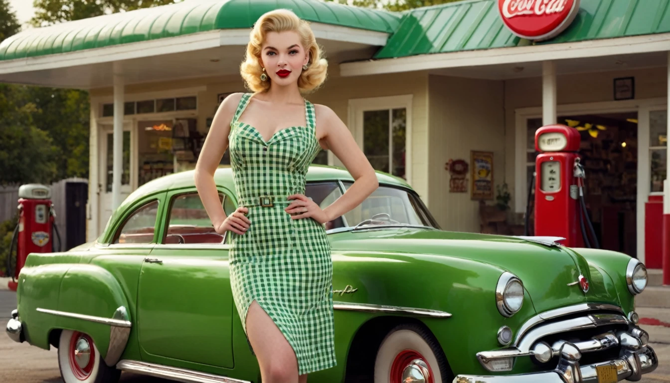 ultra-detailed, photorealistic, A beautiful young blonde woman with vintage 1950s style pinup stands confidently with a classic green car at a retro gas station. She wears a form-fitting, yellow gingham dress that accentuates her figure, complemented by red lipstick and elegant, curled blonde hair. The gas station has a nostalgic feel, with green and cream accents and a classic gas pump. The night sky above is clear, adding a serene ambiance to the scene. The overall mood is nostalgic and glamorous, capturing the essence of mid-20th-century Americana. perfect face, Ultra realistic photo, vibrant colors, 16k