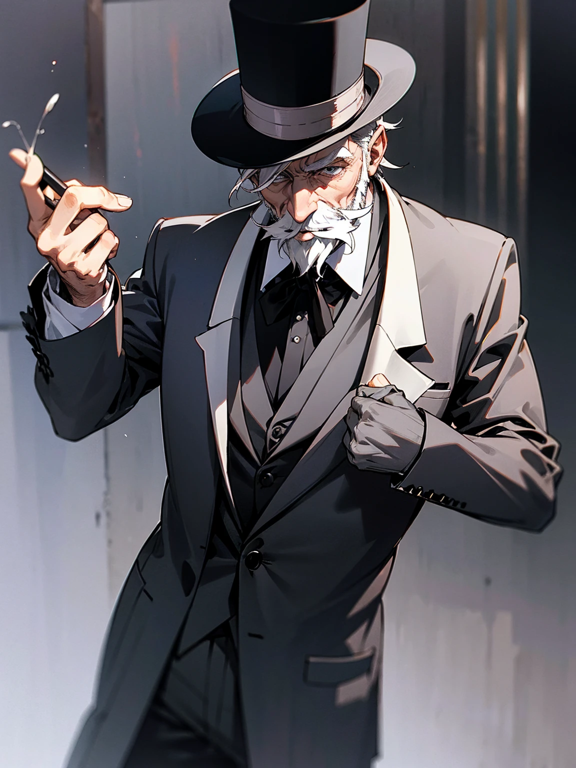 1male, grey hair, age lines, elder, top hat, suit, grey beard, lean build, stage