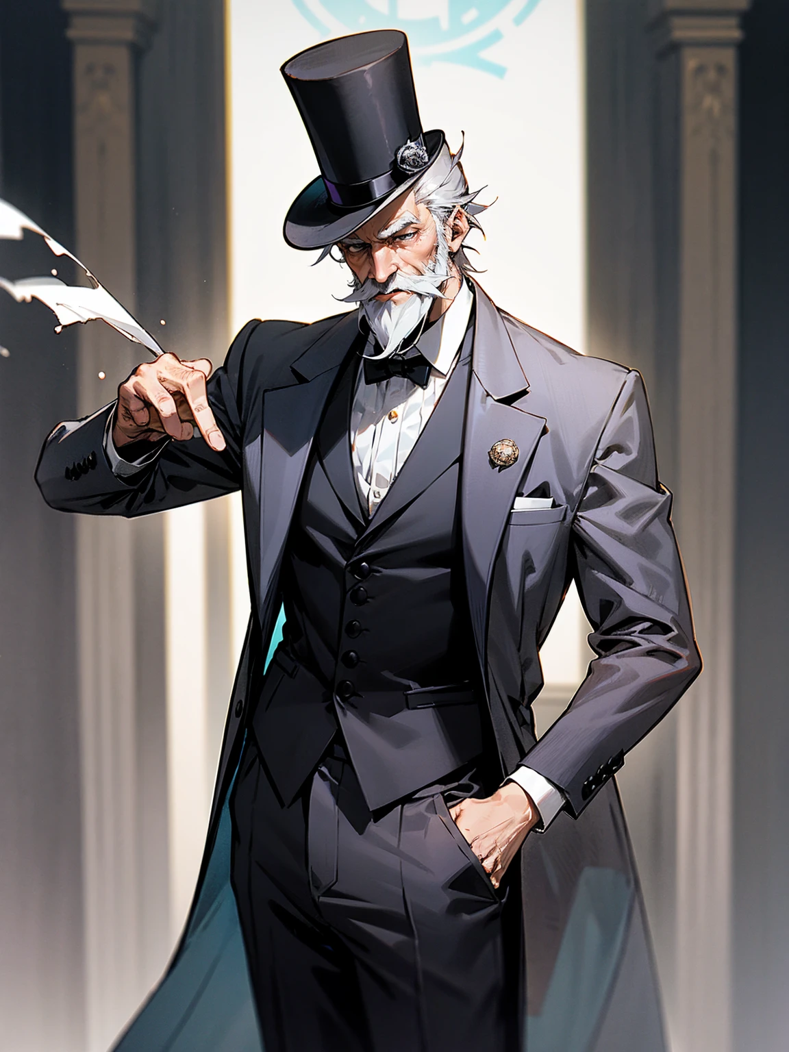 1male, grey hair, age lines, elder, top hat, suit, grey beard, lean build, stage