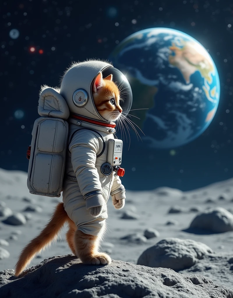 Generate me a kitten astronaut on the moon with brown eyes looking at the earth with , many galaxies