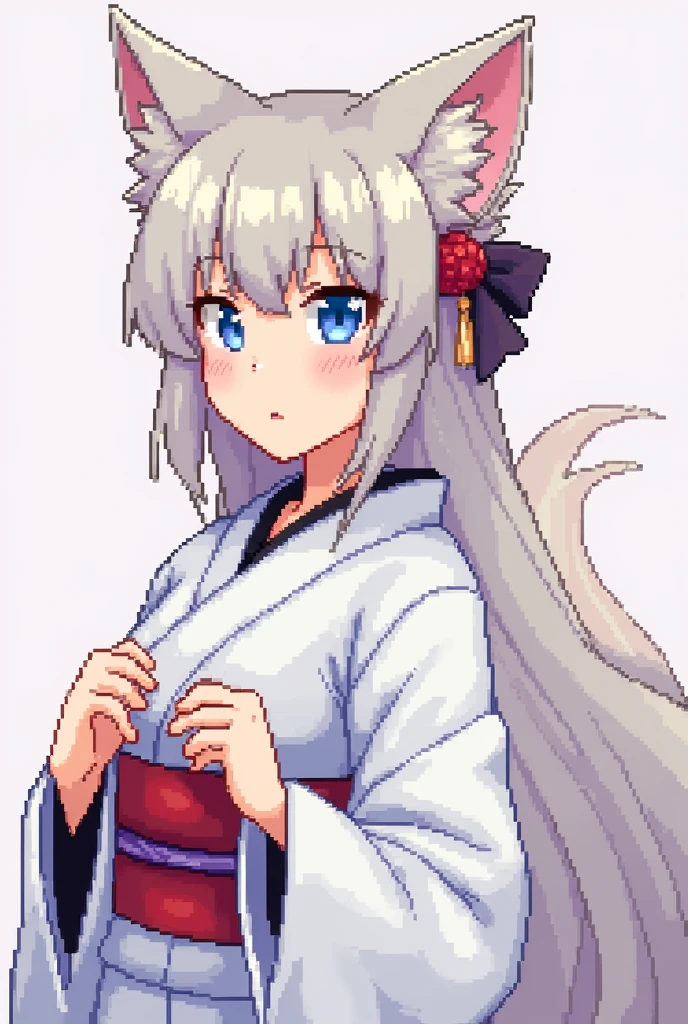 Retro game style,Like a retro game,pixel,pixel art,Fox Ears,10Late 20s,woman,White kimono,Blue Eyes