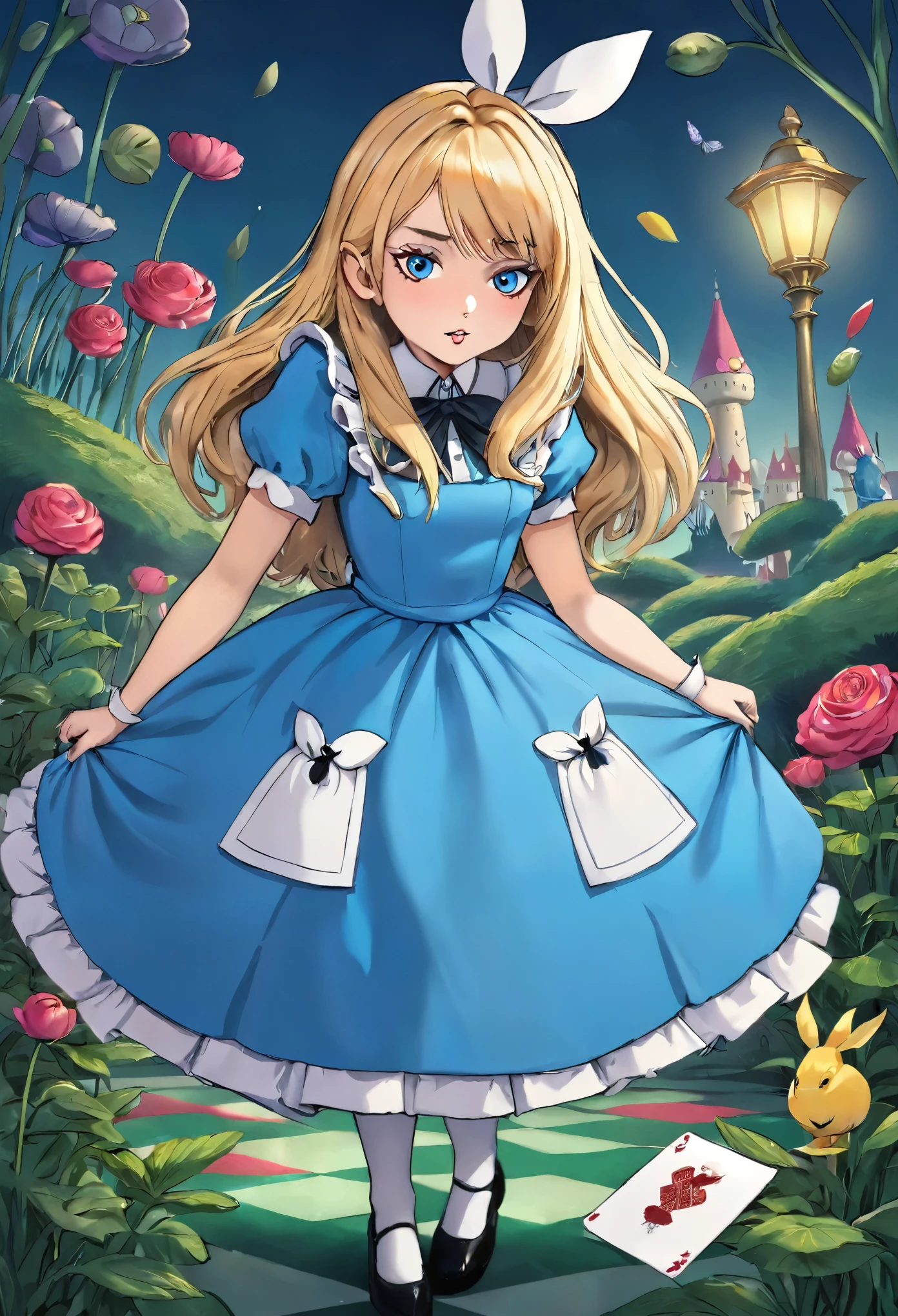 Alice in Wonderland Trump's Soldiers、Cat、Light blue long hair beautiful girl with twin tails Long rabbit ears Running through the deep forest dynamic mode A lot of beautiful flowers Big rabbit There are a lot of animals in the forest Trump is flying