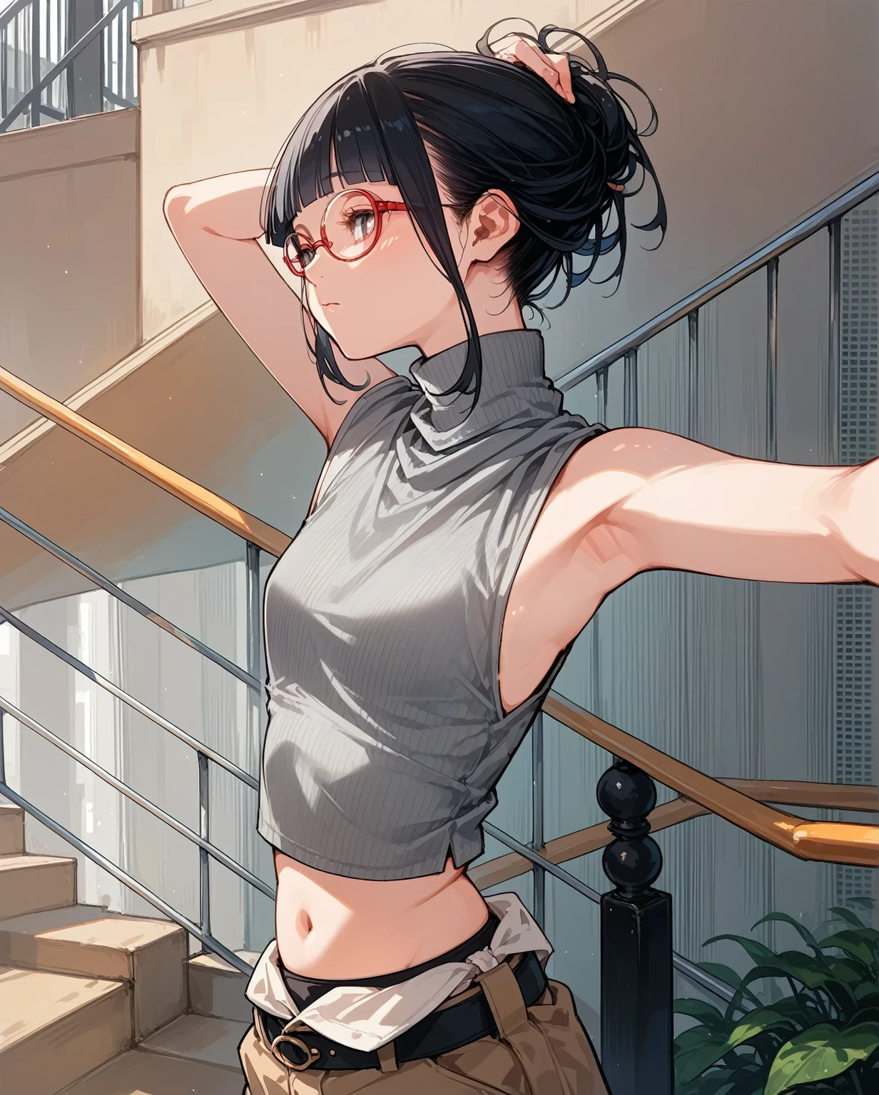 Flat Chest,Focus on your audience,Extremely thin body,Anime Style,Slender figure,delicate,Glasses,Asian woman in grey top and black pants posing on stairs, Sleeveless turtleneck, 脇が大きく開いているSleeveless turtleneck,rib cage,Sideboob,The shoulders are wide open,セクシーなWearing a crop top, Photo of slim girl model, Chiho, T-Top, shikamimi, Wearing a crop top, Real life anime girls, Kurohime cut hair, Shashi, 2 4-year-old female model