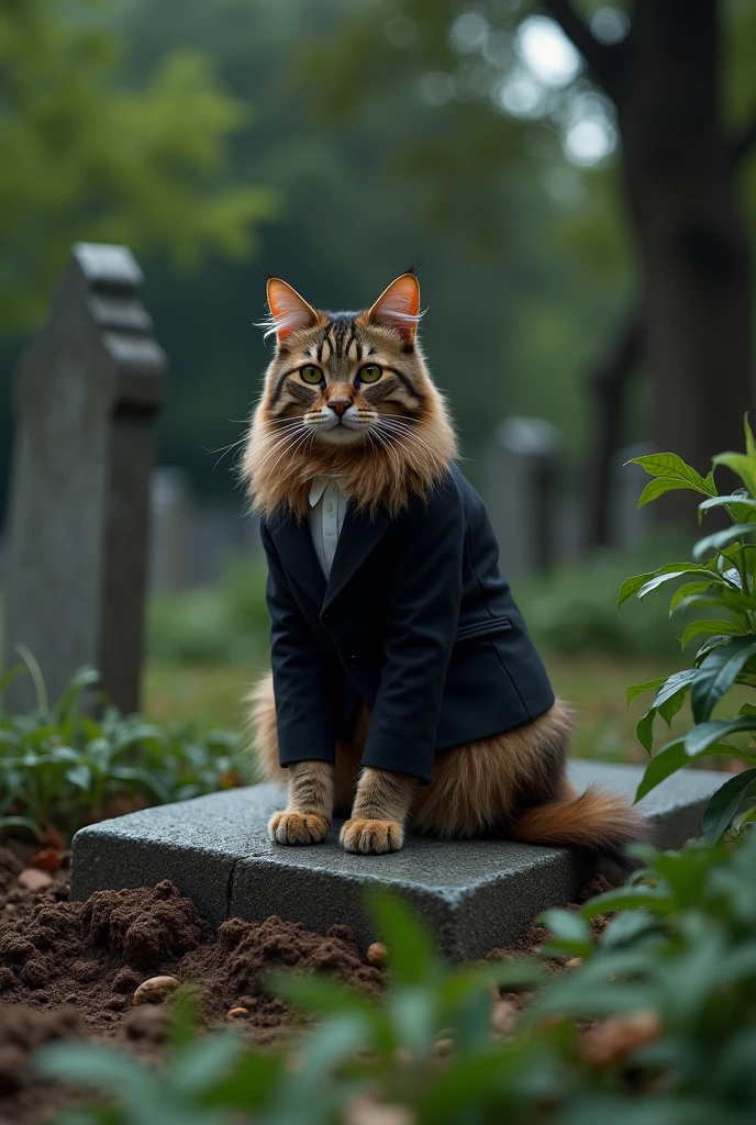A long-haired brown tabby cat visiting a grave wearing a black suit