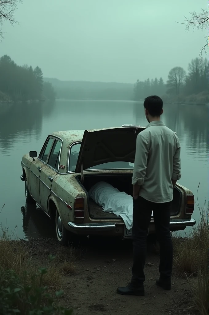 The image you describe is a scene from Silent Hill 2, where James Sunderland stands in a lake, with his car parked at the water's edge. In the trunk of the car, There is the corpse of his wife Mary, wrapped in a white sheet. James is standing next to the car, with an expression of sadness and despair on his face.
The lake is calm, with the water reflecting the grey and gloomy sky. There are trees and vegetation around the lake., which gives a gloomy and melancholic atmosphere to the scene.
James is dressed in his usual game attire, a white shirt and black pants, and has a lost look on the horizon. The car is an old sedan, with a worn and rusty appearance.
The atmosphere of the scene is gloomy and sad., with a sense of despair and resignation. The image conveys the feeling that James has reached the end of his road and has decided to join Mary in death..
To recreate this scene with artificial intelligence, could you provide the following details:
- Characters: James Sunderland and Mary's Corpse - Scenario: A calm lake with vegetation around - Vehicle: An old sedan with an open trunk - Atmosphere: Gloomy and sad, with a grey sky - Accessories: A white sheet wrapped around Mary's corpse