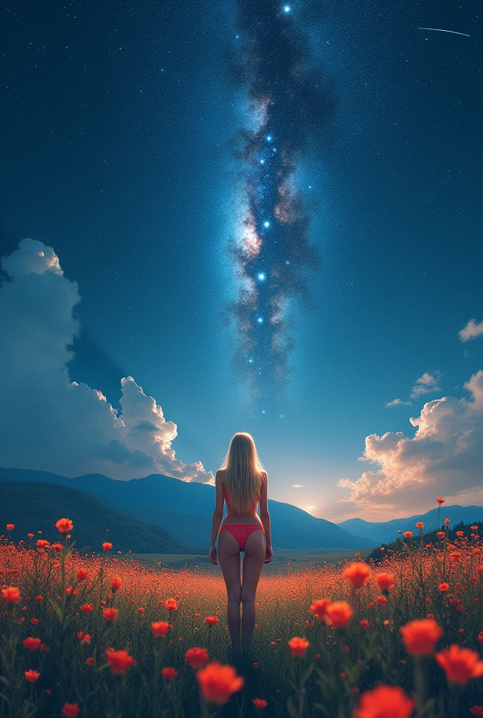 Vast landscape photography（the sky above、Below is a view of the countryside from below.）、A blonde woman in a micro bikini standing in a field of flowers and looking up、（Full moon：1.2）、（shooting star：0.9） 、（nebula：1.3）、distant mountain、Qui BREAK Production Art、(Warm light source:1.2)、(Firefly:1.2)、la