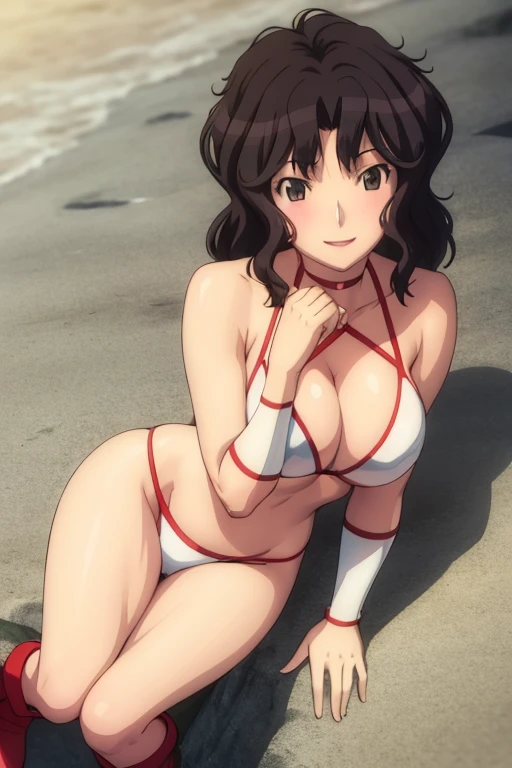 masterpiece, best quality, beautiful art, high resolution, well formed hands, body and fingers, 1 woman, solo, Kaoru Tanamachi, 31 years old, full body picture, grown up, adult, large and rounded breasted, cleavage, hair ornament, wearing a Tyris Flare outfit ,  white_bikini, full body, sexy and skimpy  bikini, gorgeous  hips, legs and thighs bouncing breasts, red boots, dancing seductively and erotically, twirling around,  bikini thong, shaking her body alluringly, smiling joyfully, looking at the viewer, sweating , flirting, beach environment 