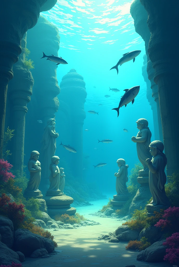 Image: An illustration of an underwater museum with fish swimming around statues and submerged objects.