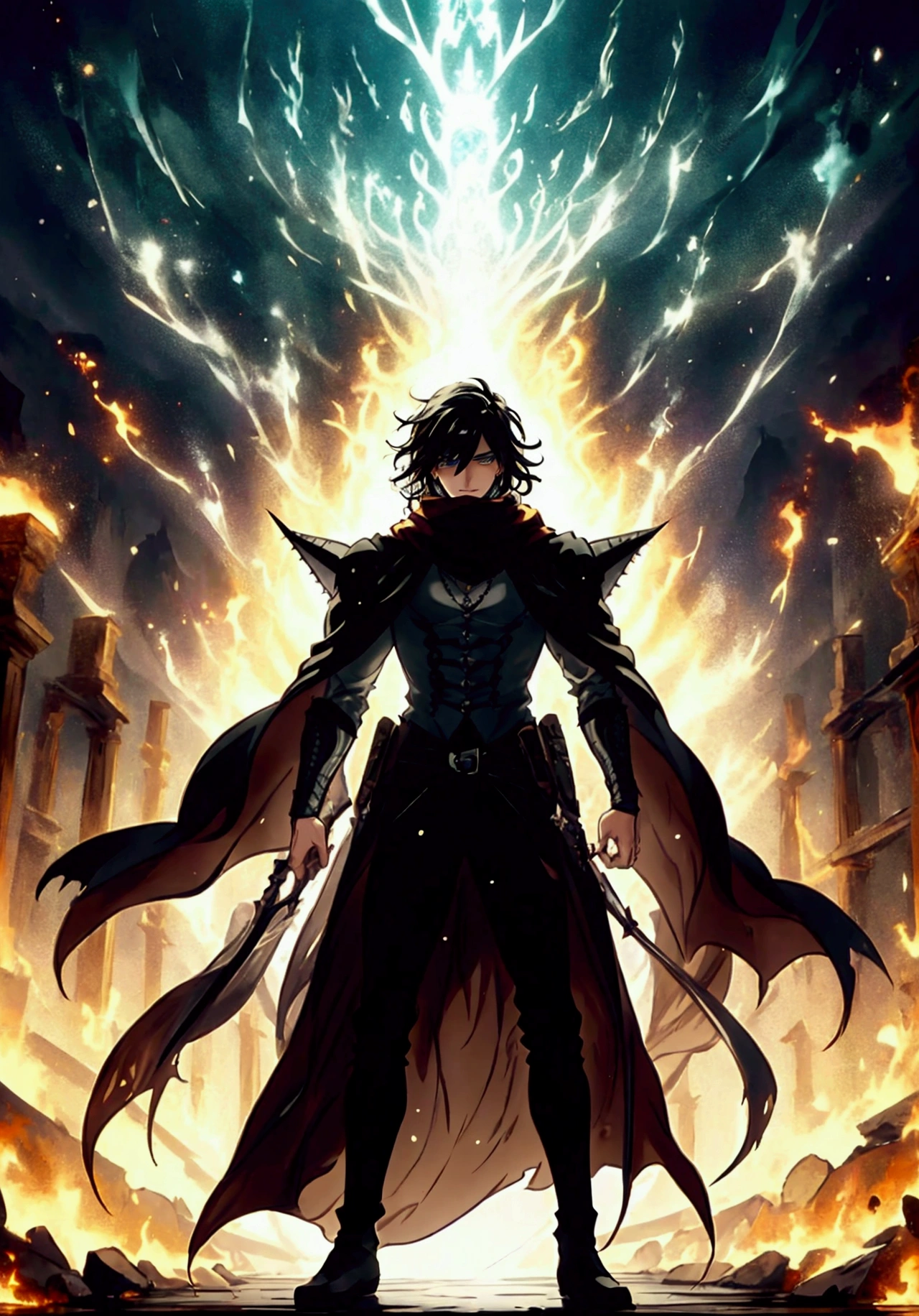 (Masterpiece), ((Highest Quality)),(Official Art),dark epic:1.2),(1 solo anime man: 1.3). A pious Middle-Eastern assassin man with spiky black hair, green eyes, tan skin, and mouth covered with scarf. He wears a white robe, standing inside a dark temple surrounded by fire background. Detailed picture. Detailed eyes. Masculine jaw. Soft fairytale picture Arthur Rackham-style. Colorful, best detailed ((super detailed)), (highly detailed 2D anime man illustration), ((dark and beautiful))