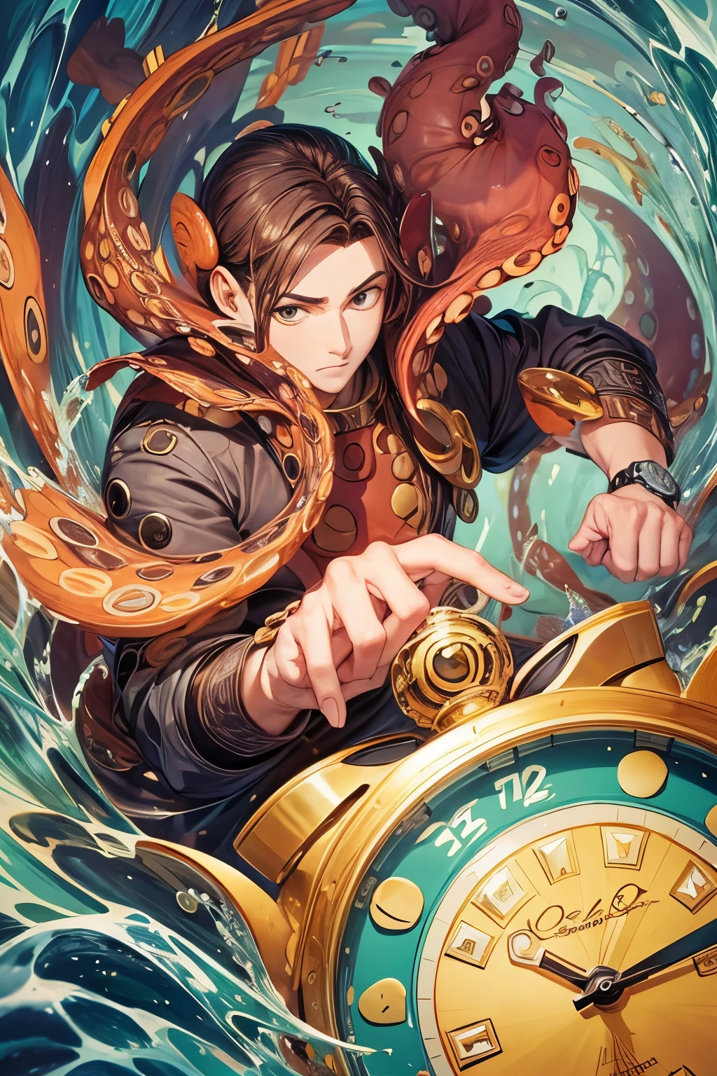 an octopus checking the time on his wristwatch, work of art, masterpiece, strong brushstrokes, sense of humor