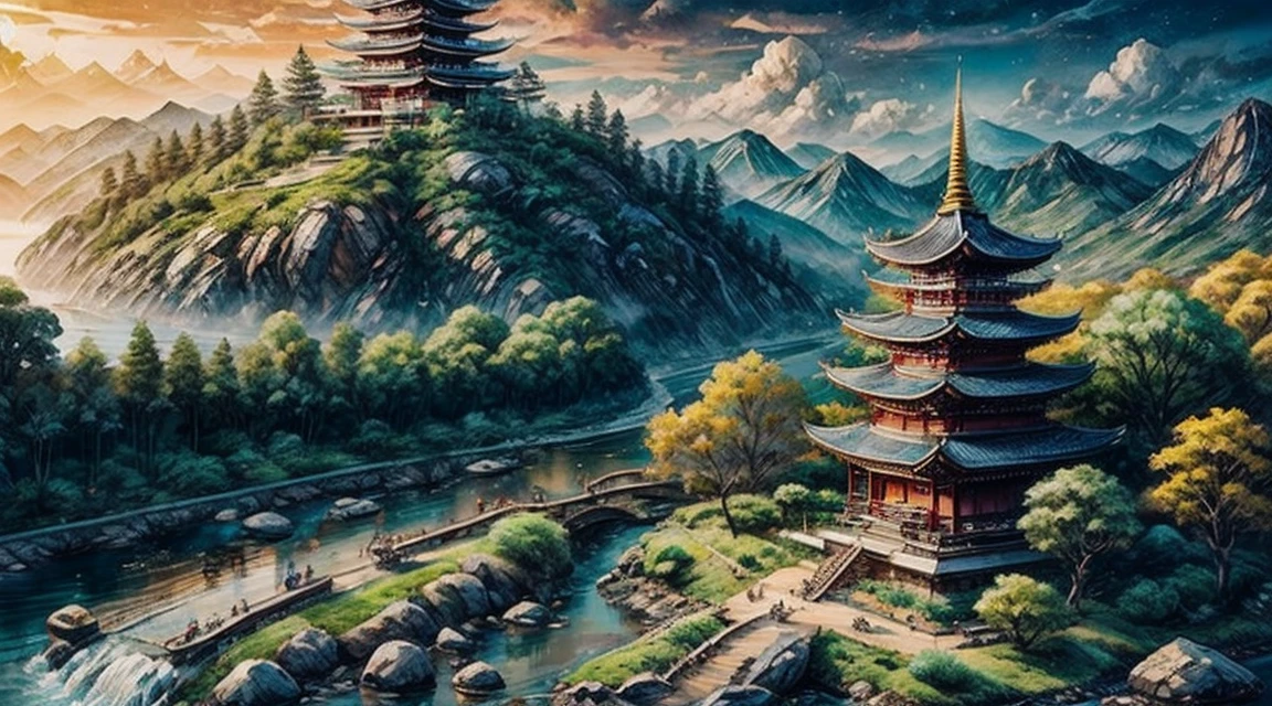 big pagoda on the center of a river with shops on the side walk asian style medieval aerial view city