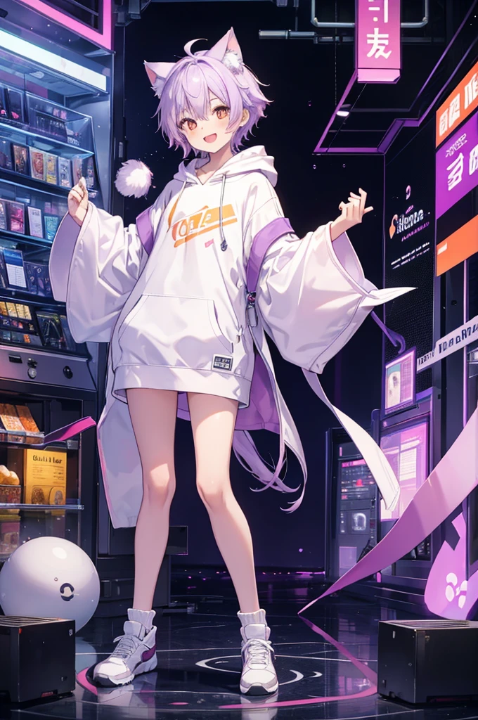 Full body portrait,cute,boy,Light purple hair,Orange Eyes,Cat ear,Around 16 years old,White hoodie outfit,Mouth open,smile,Moe sleeves,