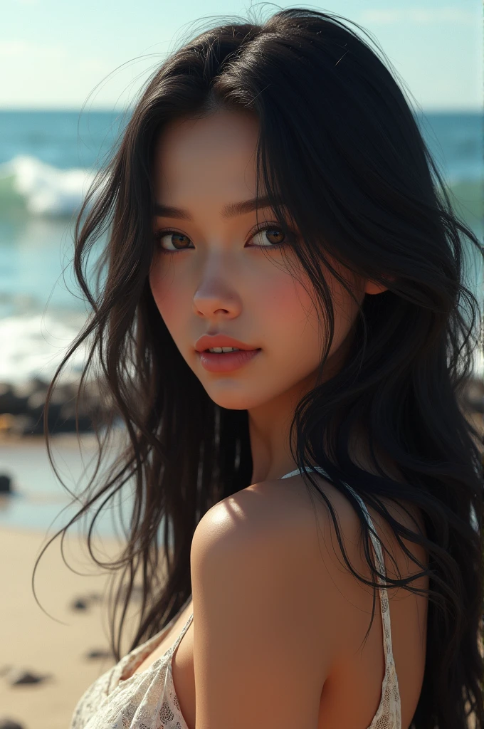 Create a realistic brunette woman with black hair in front of the beach