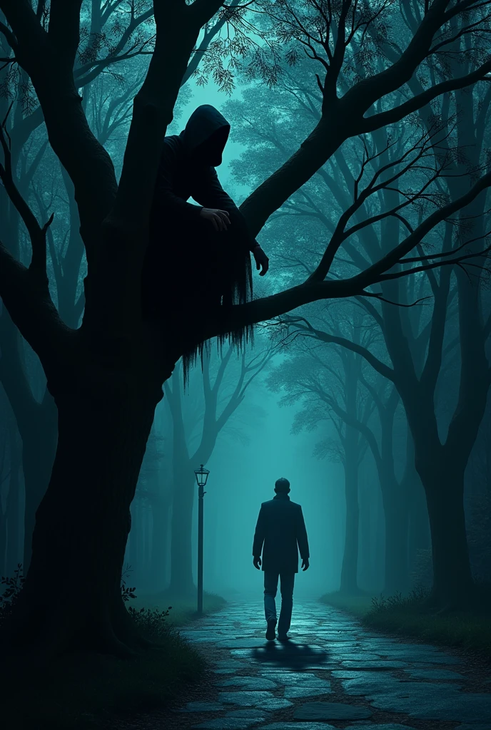 A man standing in a tree scaring a person passing by in the dark