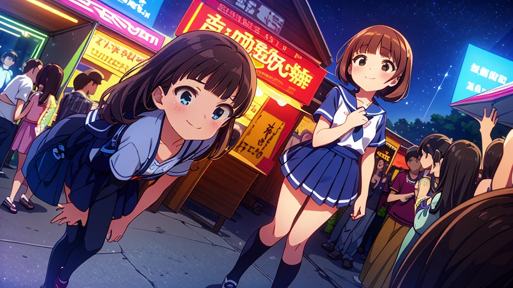 {Of the highest quality], [Super beautiful], [Ultra Fine], [best illustration], NSFW,Brown hair, hime cut, by the width, with bangs, Girl,high school student,uniform,tissue,short sleeve,Skirt,smile, blush, Thin women, adult women,standing posture,(public),night park,summer festival,diagonal, Navy Blue Knee High Socks,black bread