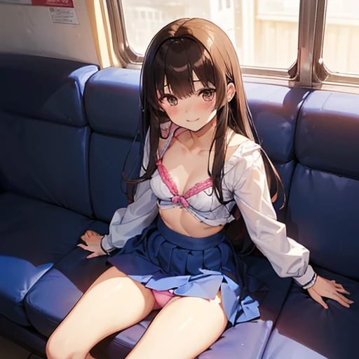 ((((The pieces fly, Highest quality, Highest quality, 1 girl, alone, Beautiful Anime、Detailed Images))))、(((、thin、thin太もも、Small breasts、Dark brown hair、straight、Long Hair、Brown eyes、Round eyes、Clear system、))),((((In a crowded train、Blue Sheet、Seats aligned parallel to the window)))、(((White shirt、Showing cleavage、Navy Blue Skirt、Showing her pink panties、Flip up the skirt、)))、、(((Sit in your seat、climax、climax、Facial、Embarrassing、Mischievous Smile、Estrus、Touching the groin、Masturbate、Love juice overflows、)))、Browsing Caution、Above the knees image、