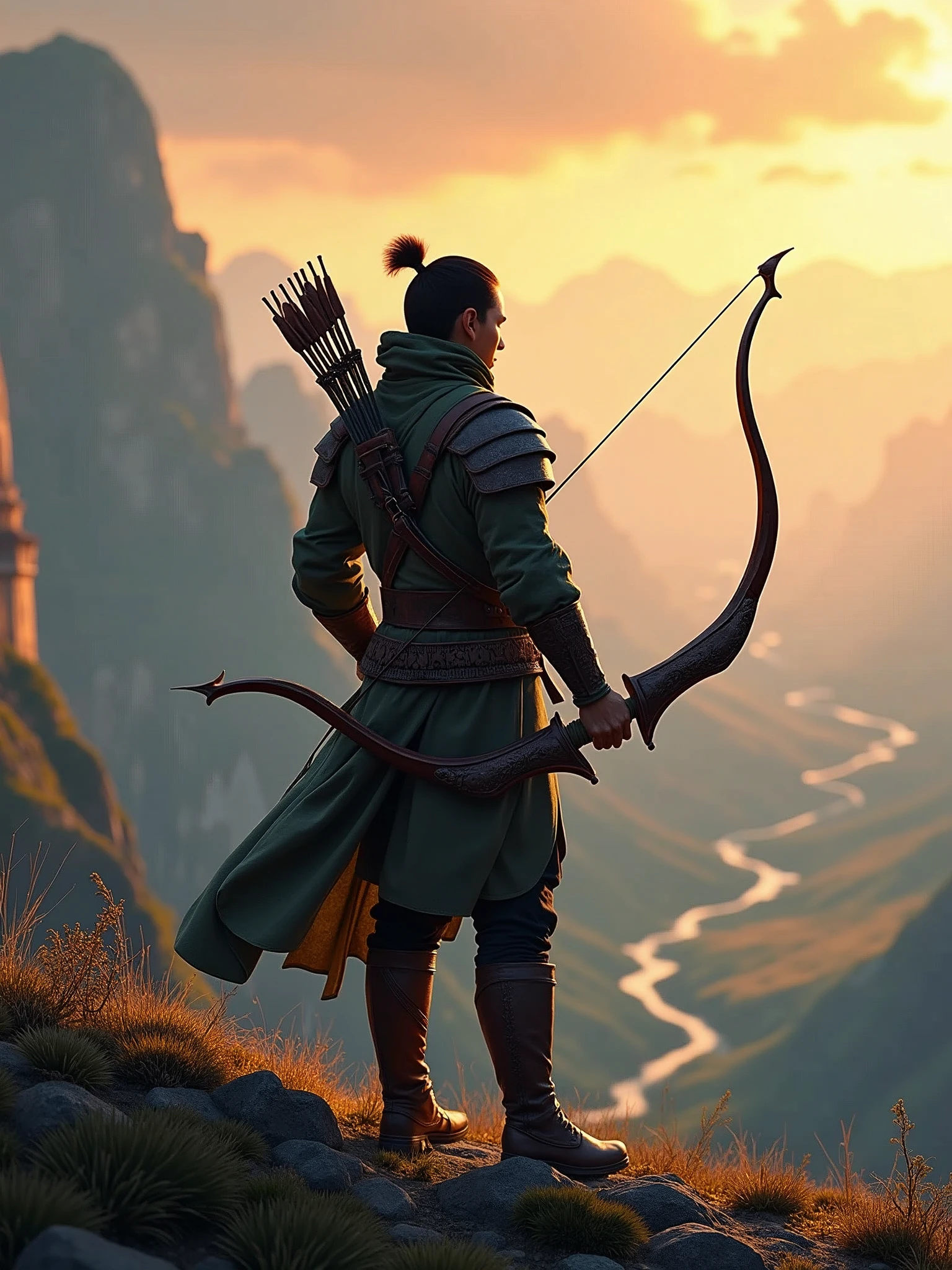 a legendary archer, heroic pose, bow in hand, looking at the horizon, stylized hunting uniform, standing on a hilltop overlooking a distant valley, cinematic lighting, dramatic atmosphere, intricate details, fantasy landscape, vibrant colors, photorealistic, 8k, best quality
