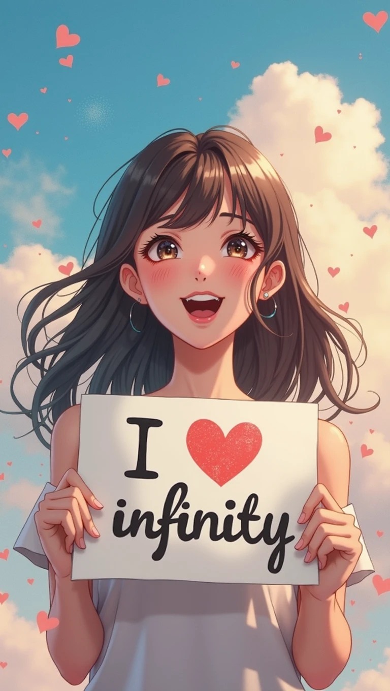 a beautiful and cute woman holding up a sign "i love infinity", joyful, happy, anime illustration, photorealistic, oil painting