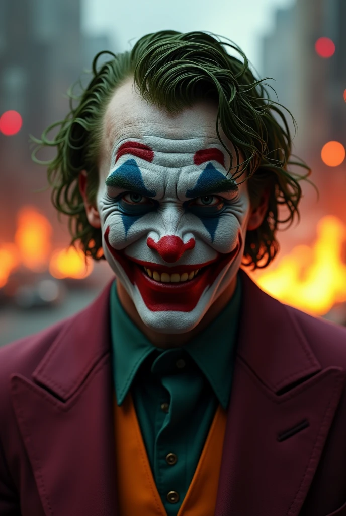 Dc, Velho Heath Ledger, joker, Spooky Smile, Realistic, dynamic lights, older, stubbles, fullshot, (very detailed CG unified 8k wallpaper), Trends on ArtStation, trends on CGsociety, High detail, sharp focus, Dramatic, Photorealistic Reality, in the background gotham city all destroyed, on fire.