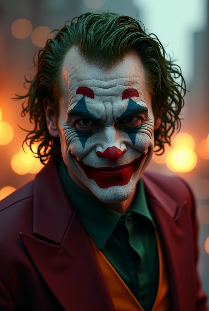 Dc, Velho Heath Ledger, joker, Spooky Smile, Realistic, dynamic lights, older, stubbles, fullshot, (very detailed CG unified 8k wallpaper), Trends on ArtStation, trends on CGsociety, High detail, sharp focus, Dramatic, Photorealistic Reality, in the background gotham city all destroyed, on fire.